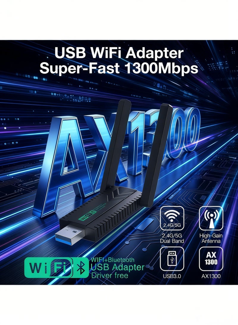 أورييل محول USB لاسلكي - مستقبل شبكة لاسلكية خارجي ثنائي النطاق 2.4 جيجاهرتز/5.8 جيجاهرتز بسرعة 1300 ميجابت في الثانية، بطاقة شبكة لاسلكية، محول بلوتوث لاسلكي، يدعم واي فاي 6 وبلوتوث 5.3، مناسب لأجهزة الكمبيوتر المكتبية والمحمولة، سهل الاستخدام (التوصيل والتشغيل) - Image 5